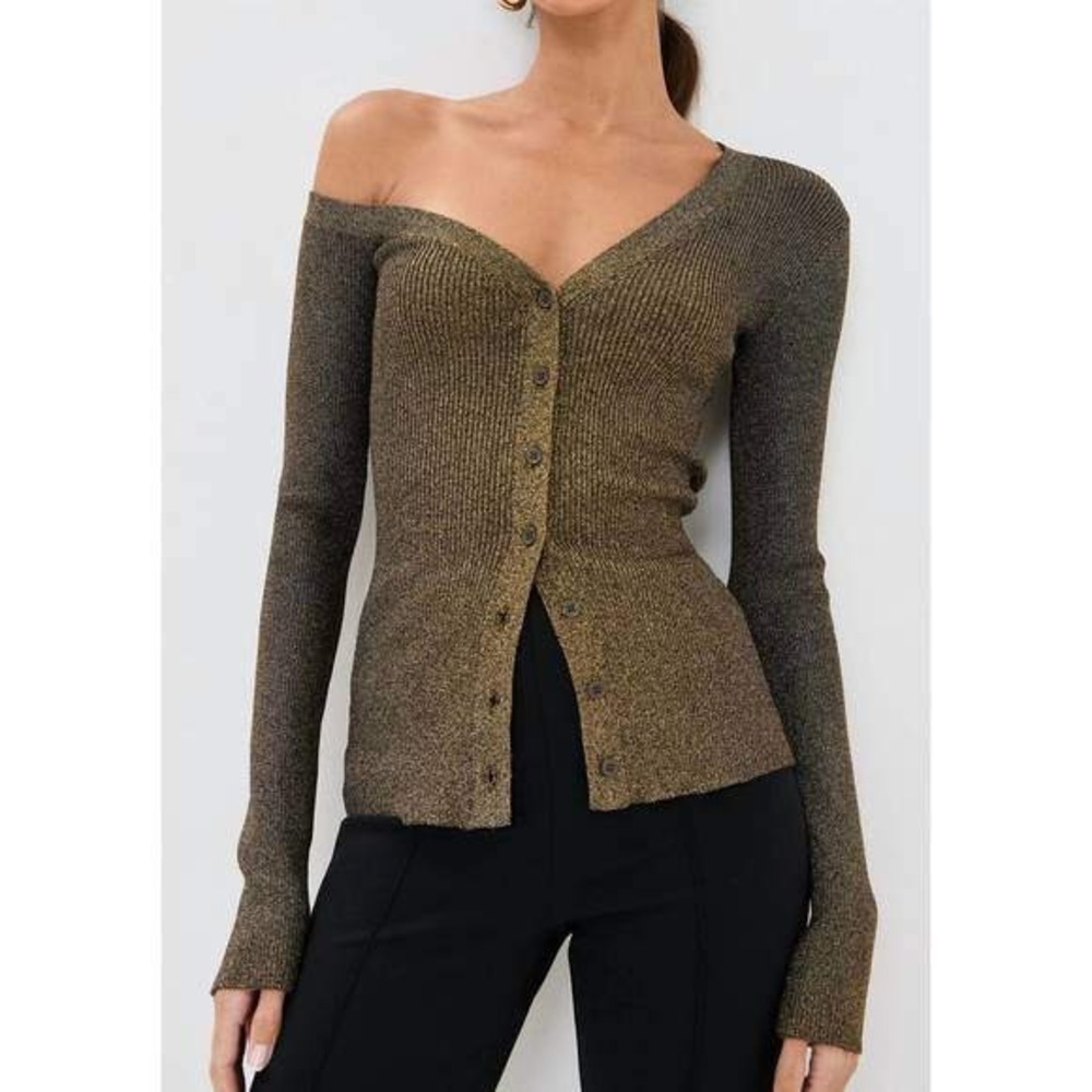 Staud Craftsman Sweater‎ Metallic Gold Knit V-Neck Button Front Long Sleeve Sz S